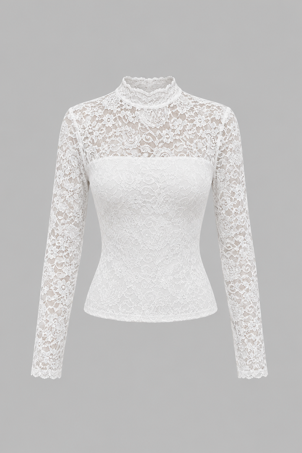 SOLACE CHICWhite Lace High Neck Long Sleeve Slim Fit Crop Top