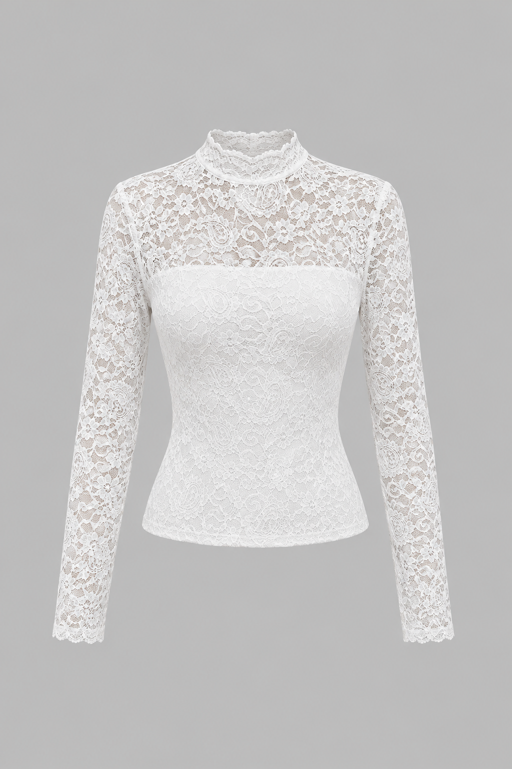 SOLACE CHICWhite Lace High Neck Long Sleeve Slim Fit Crop Top