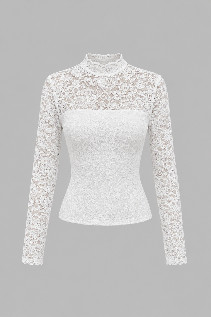 SOLACE CHICWhite Lace High Neck Long Sleeve Slim Fit Crop Top