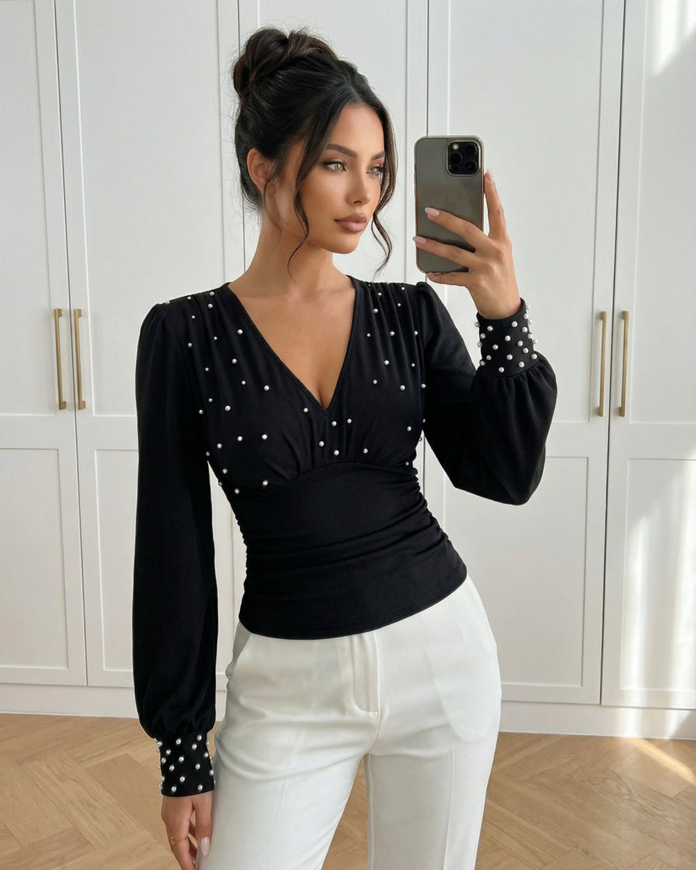 Black Pearl Embellished V Neck Sleeve Top SOLACE