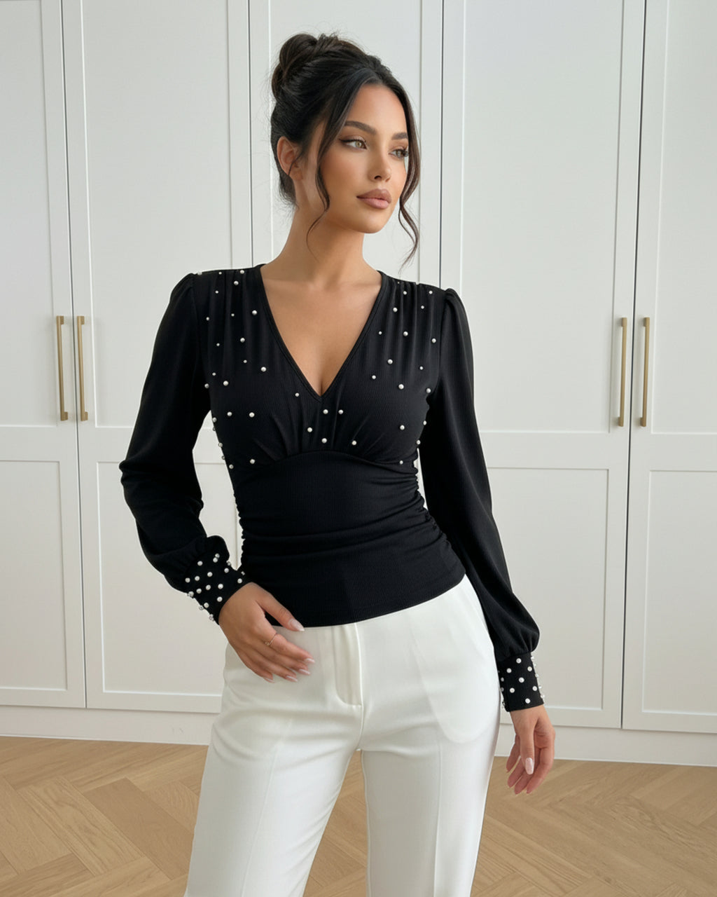 Black Pearl Embellished V Neck Sleeve Top SOLACE