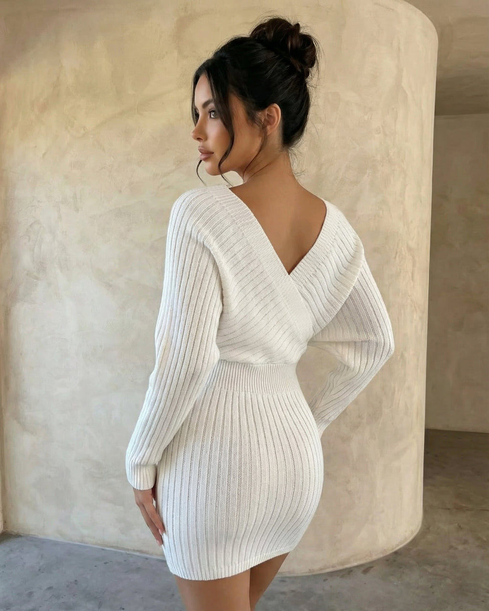 White Ribbed Knit Deep V-Neck Batwing Sleeve Mini Dress SOLACE