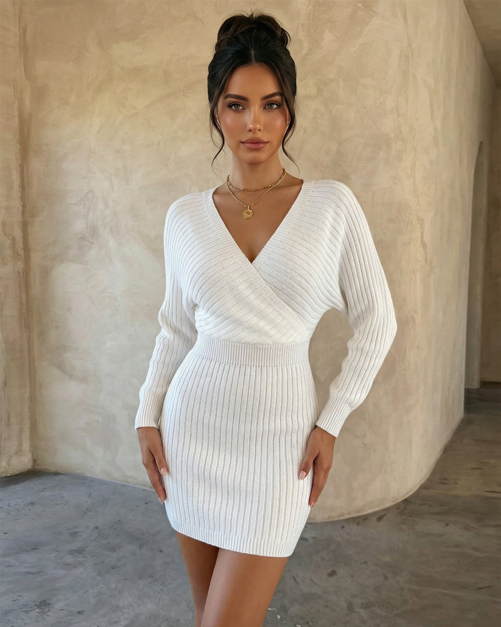 White Ribbed Knit Deep V-Neck Batwing Sleeve Mini Dress SOLACE