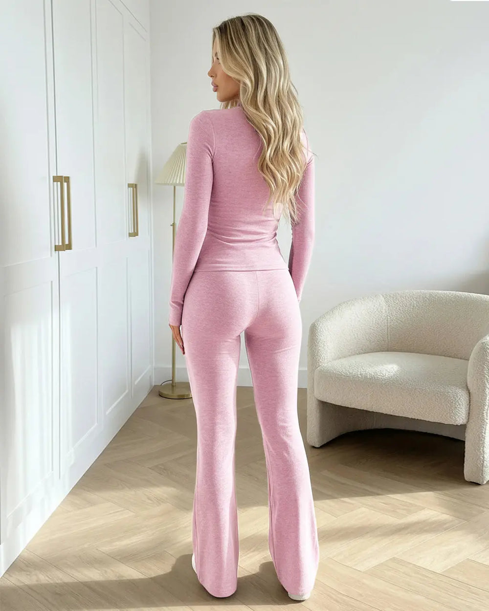 Pink Cross Front Long Sleeve Wrap Cropped Top And Pants Set SOLACE