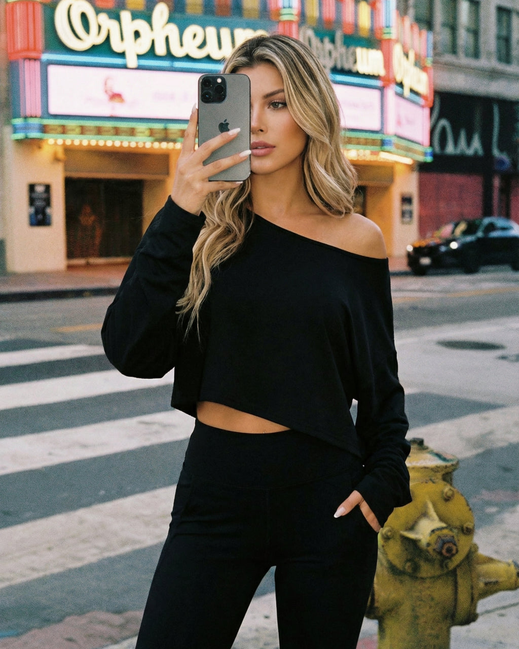 Black Asymmetric Off-the-Shoulder Long Sleeve Cropped Top SOLACE