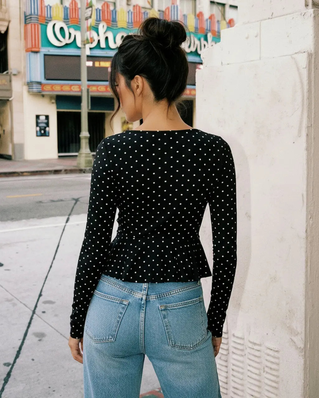 Black And White Polka Dot Deep V Peplum Top SOLACE