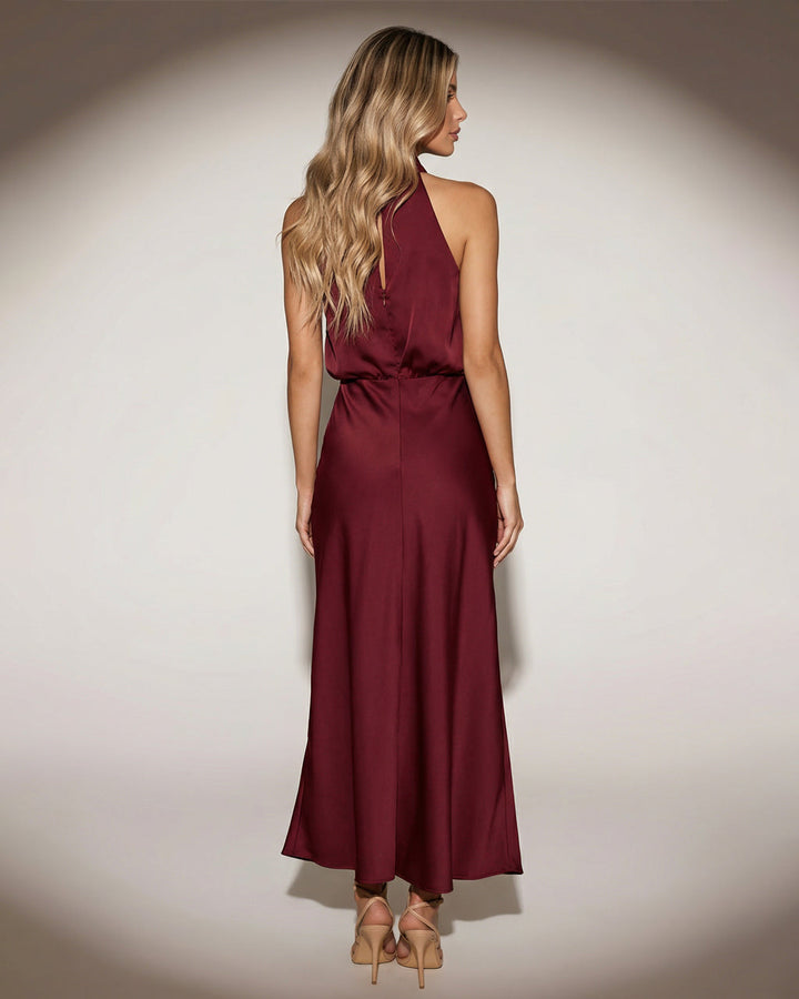 Wine Red Cowl Drape Neck Waist Shaping Satin Midi Dress SOLACE