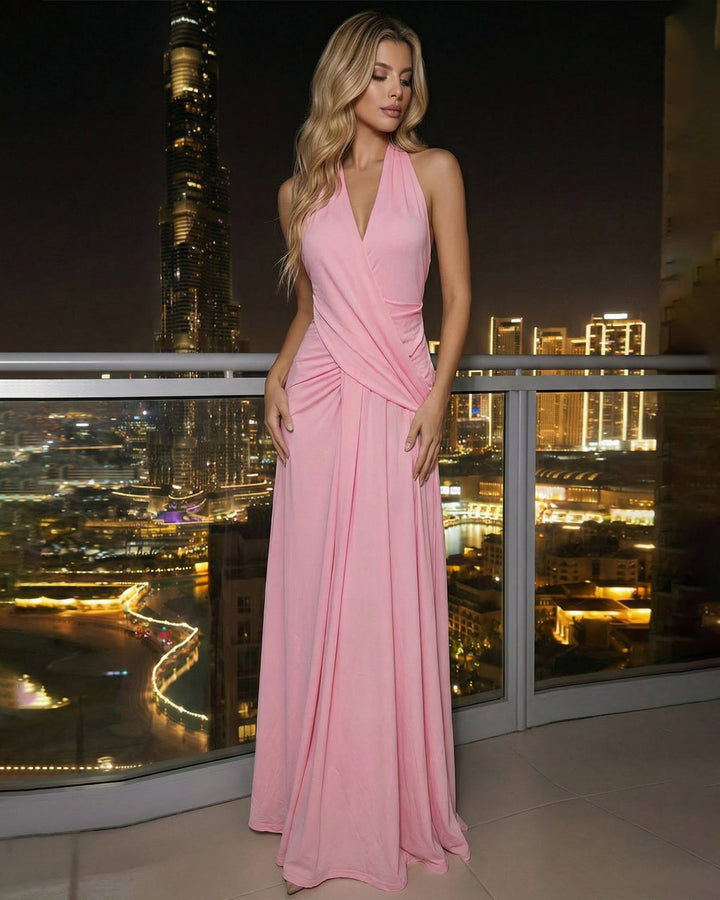 Pink Halter Neck Backless Draped Maxi Dress SOLACE