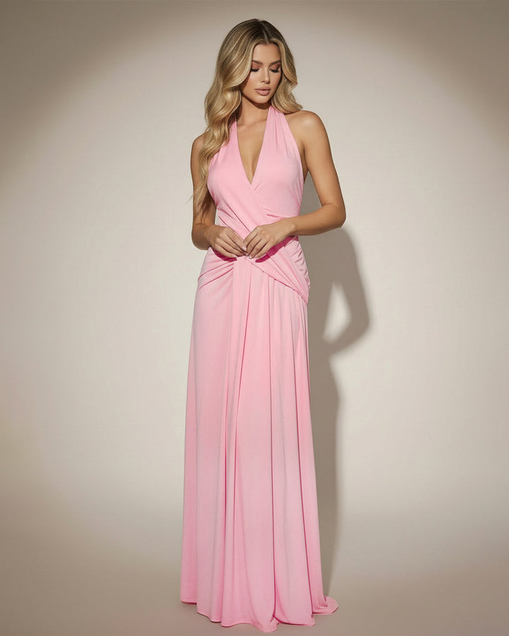 Pink Halter Neck Backless Draped Maxi Dress SOLACE