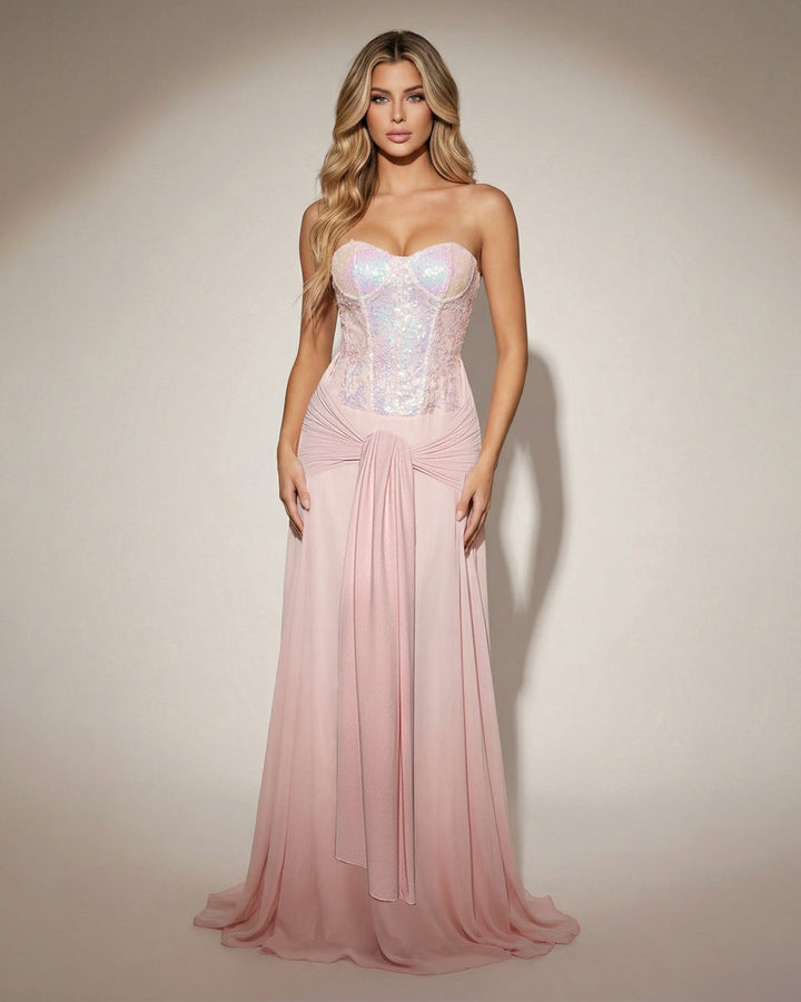 Pink Strapless Iridescent Sequin Corset Maxi Dress SOLACE