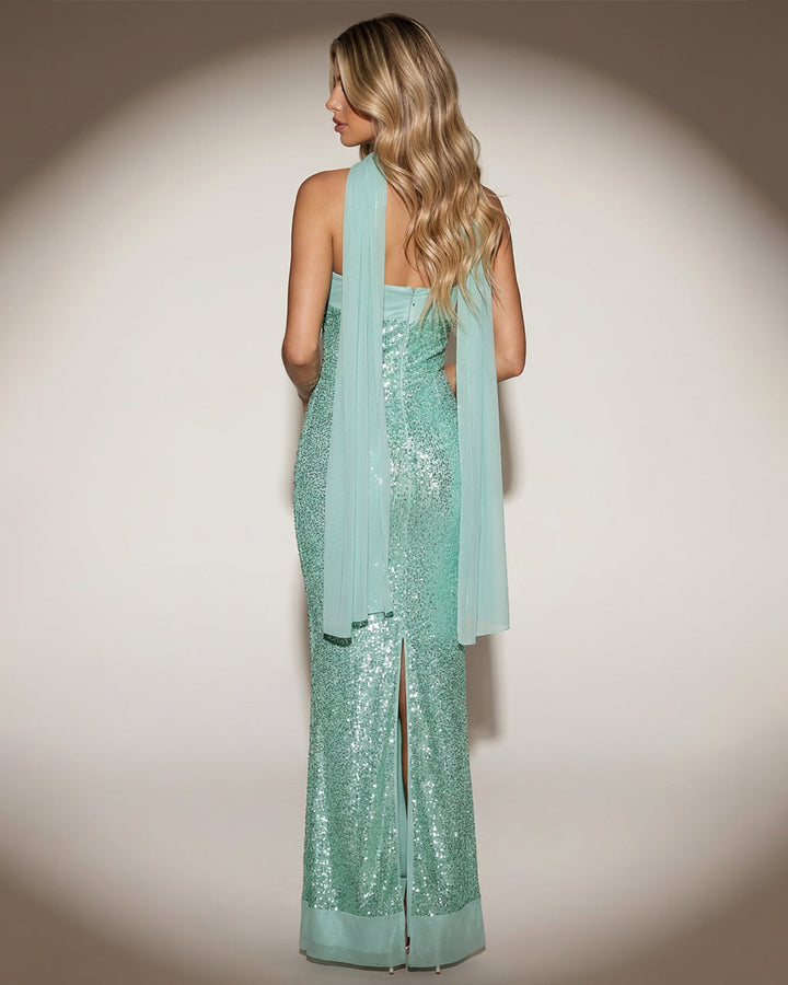 Strapless Sequin Embellished Chiffon Scarf Maxi Dress SOLACE