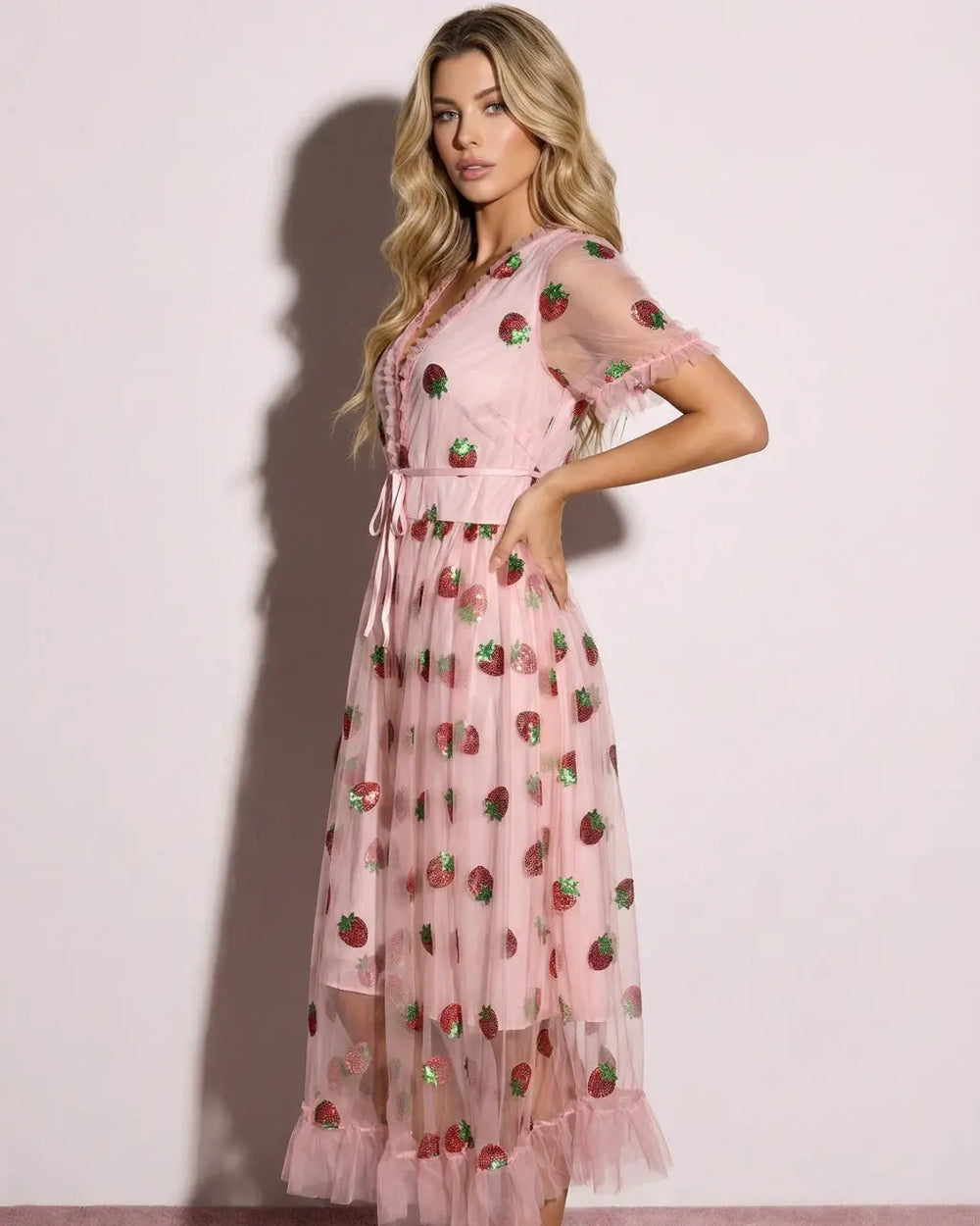 Pink Strawberry Sequins Embroidery Mesh Midi Party Dress SOLACE