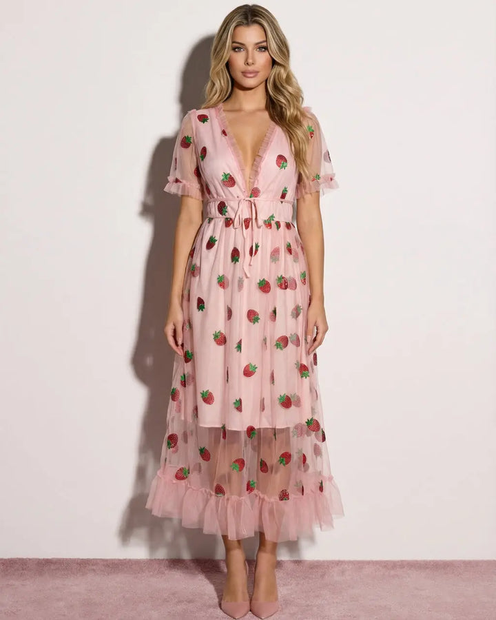 Pink Strawberry Sequins Embroidery Mesh Midi Party Dress SOLACE