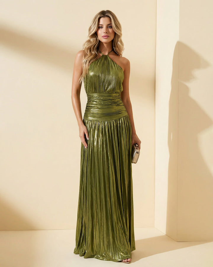 Gold Metallic Pleated Halter Backless Maxi Dress With Slit SOLACE