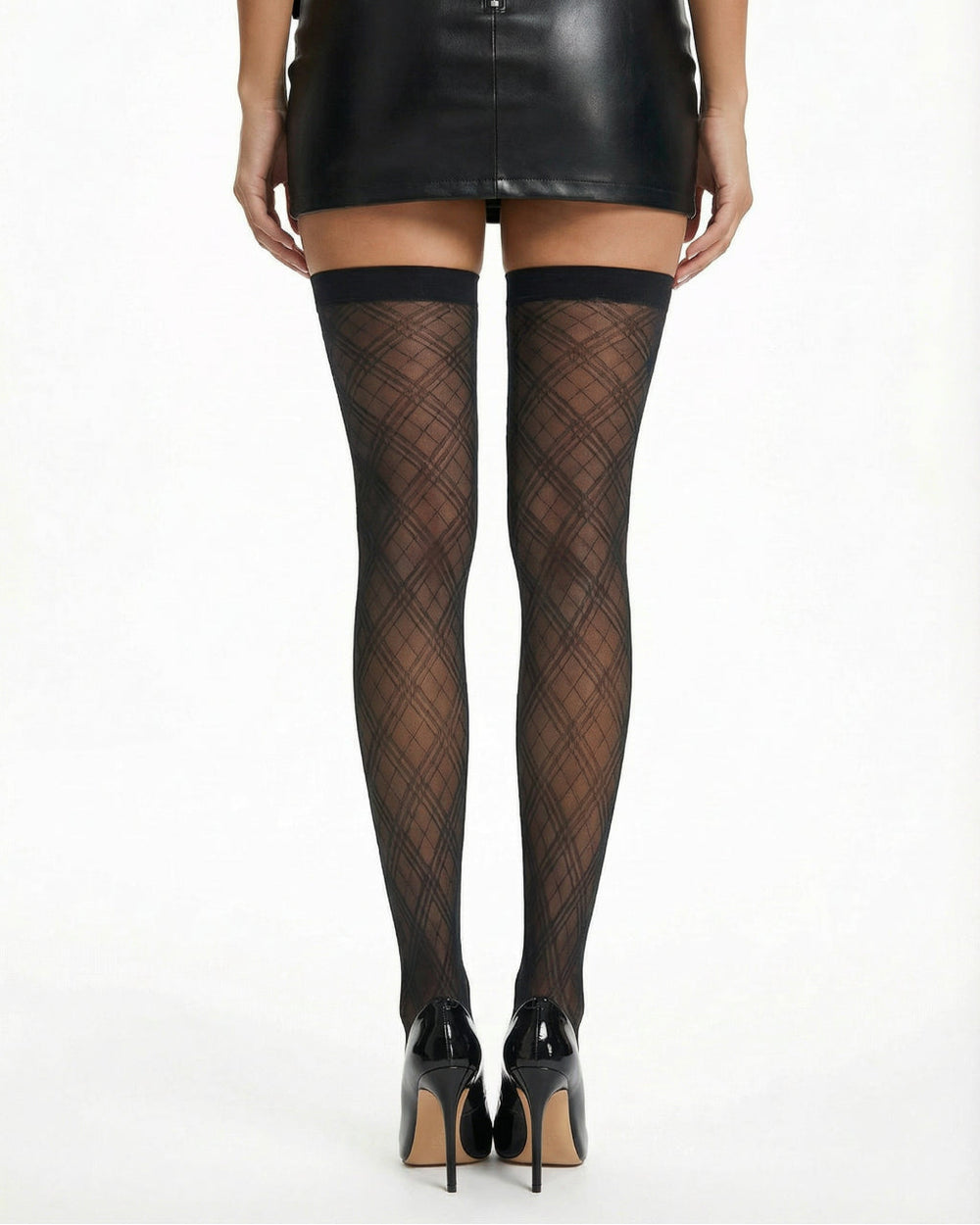 Black Grid Patterned Stretchy Core Spun Silk Thigh High Stockings SOLACE
