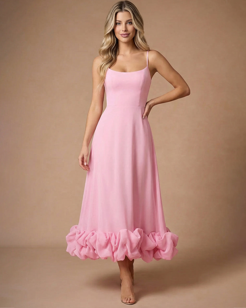Pink Spaghetti Strap Oversized Ruffle Hem Maxi Dress SOLACE