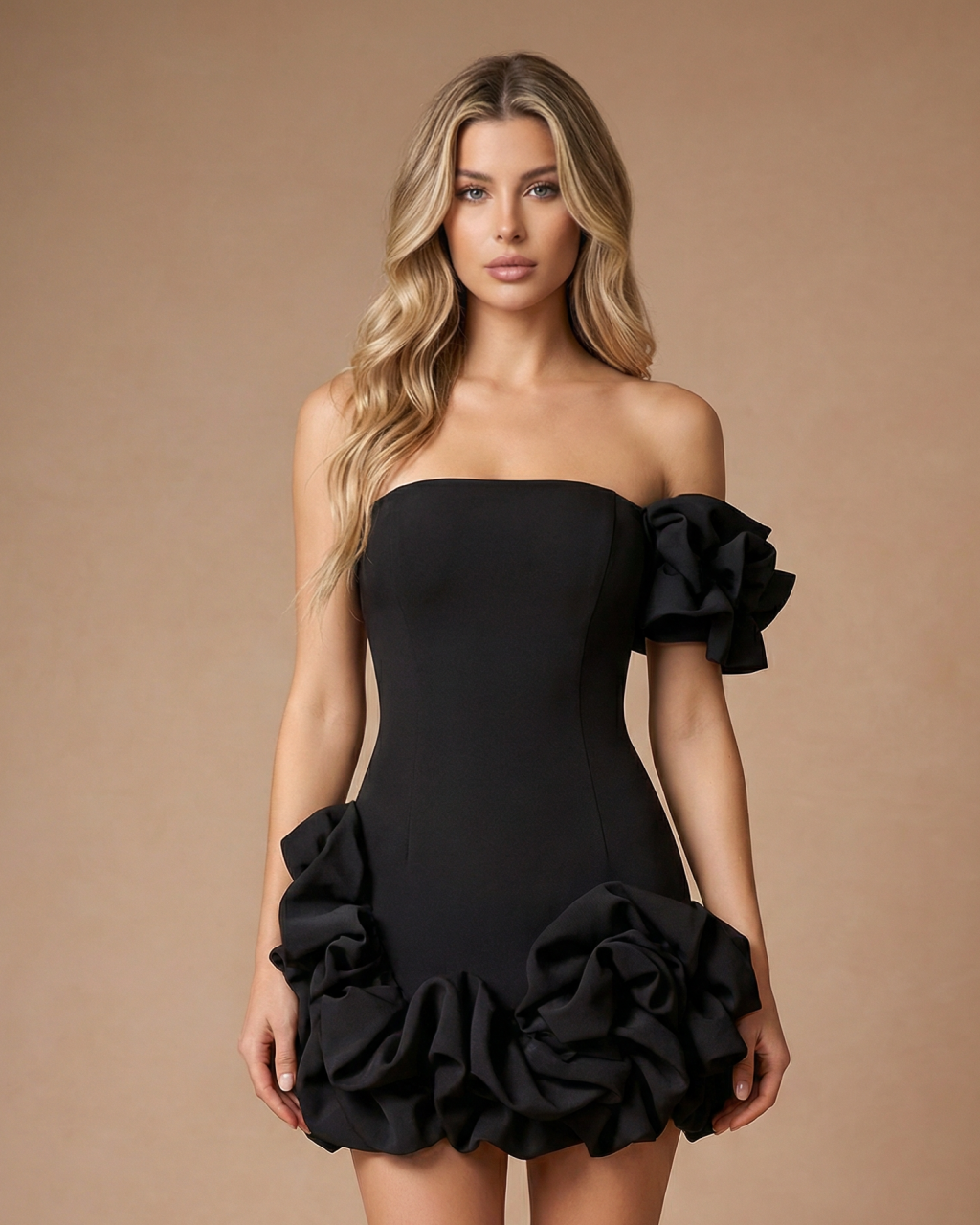 Black One-Shoulder Satin Ruffle Embellishments Mini Dress SOLACE