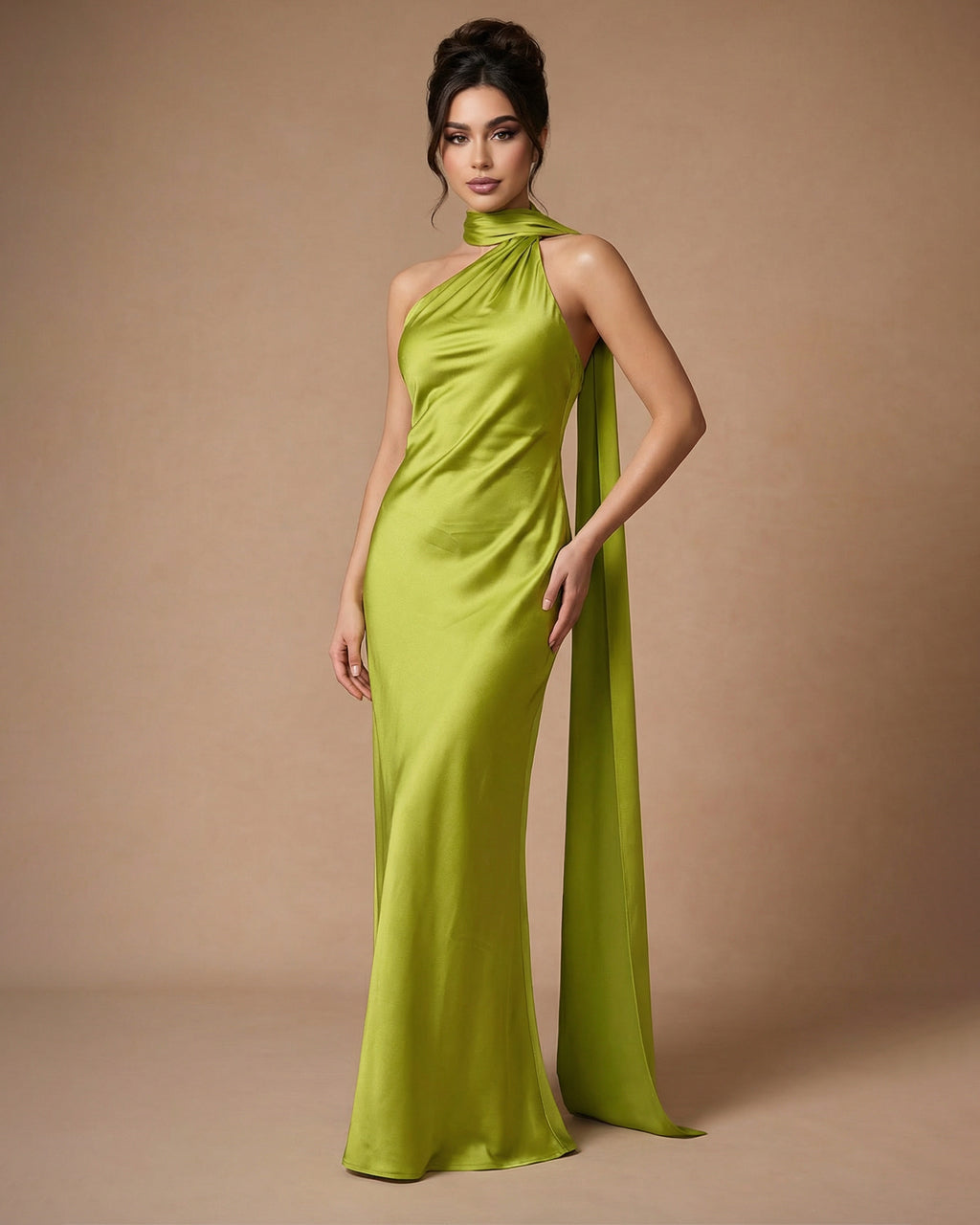 One Shoulder Halter Neck Satin Bodycon Draped Sash Maxi Dress SOLACE