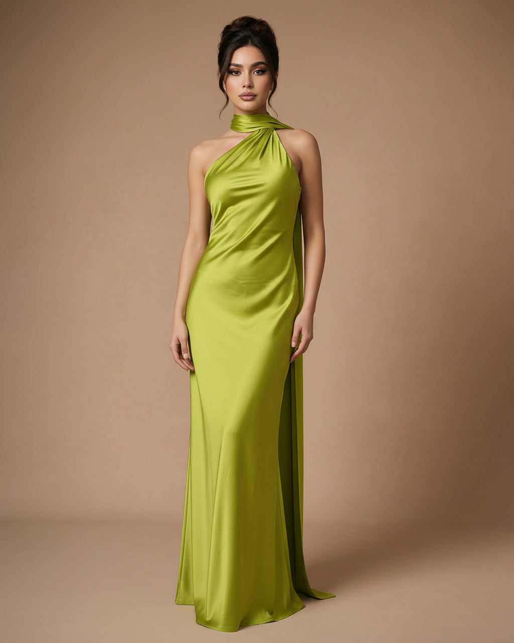 One Shoulder Halter Neck Satin Bodycon Draped Sash Maxi Dress SOLACE