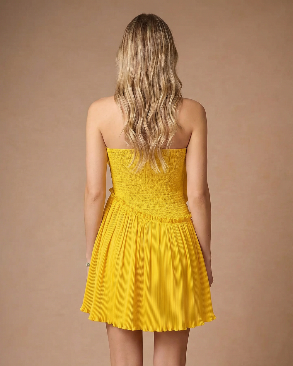 Yellow Strapless Pleated 3D Floral Appliqué Mini Dress SOLACE