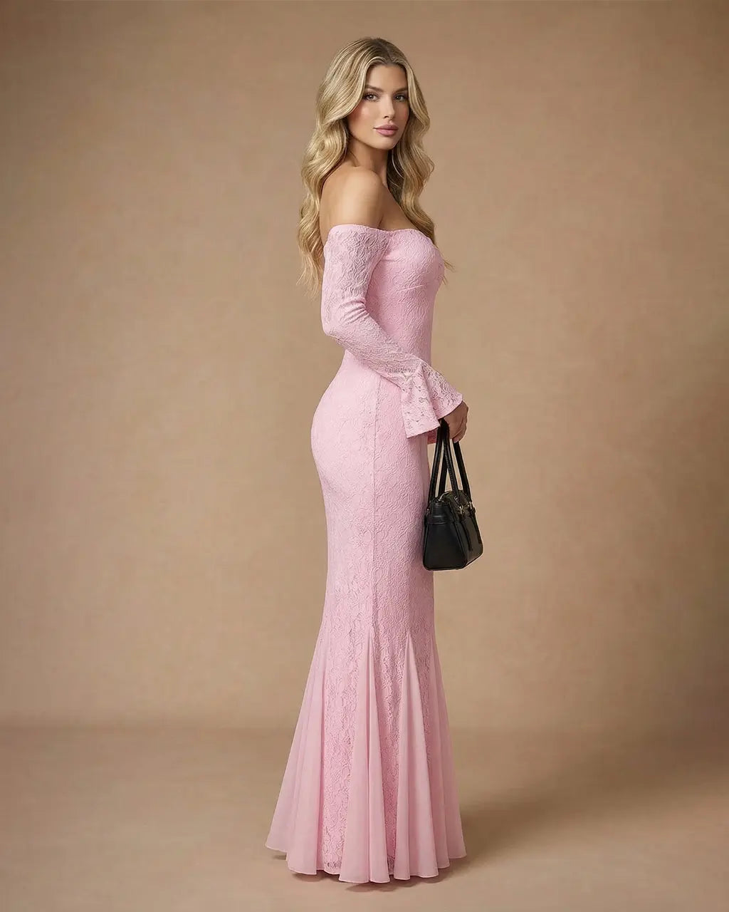 Pink Off-The-Shoulder Lace Mermaid Flare Sleeves Maxi Dress SOLACE