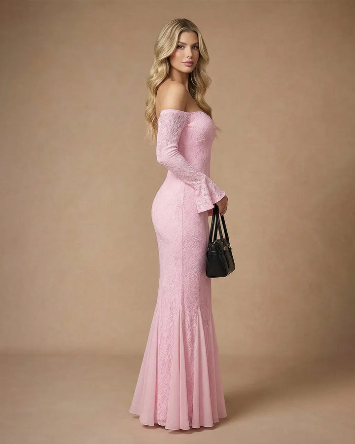Pink Off-The-Shoulder Lace Mermaid Flare Sleeves Maxi Dress SOLACE