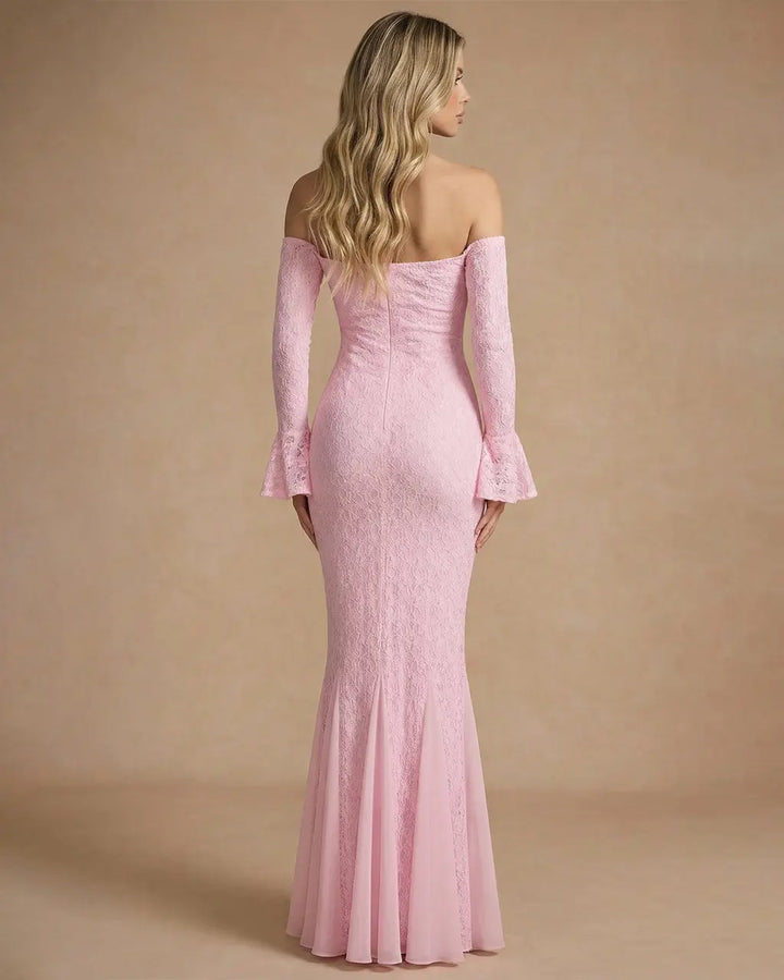 Pink Off-The-Shoulder Lace Mermaid Flare Sleeves Maxi Dress SOLACE