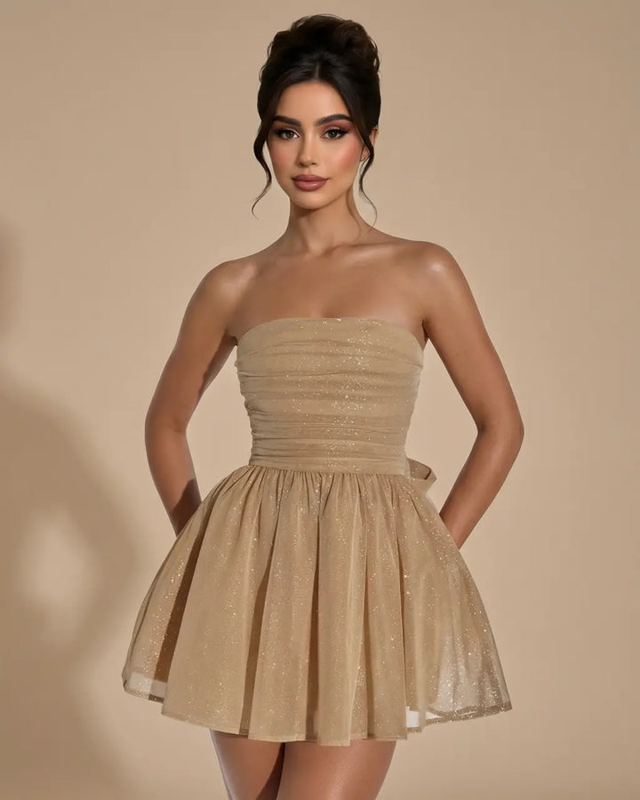 Khaki Strapless Ruched Glitter Tulle Fit Mini Dress SOLACE