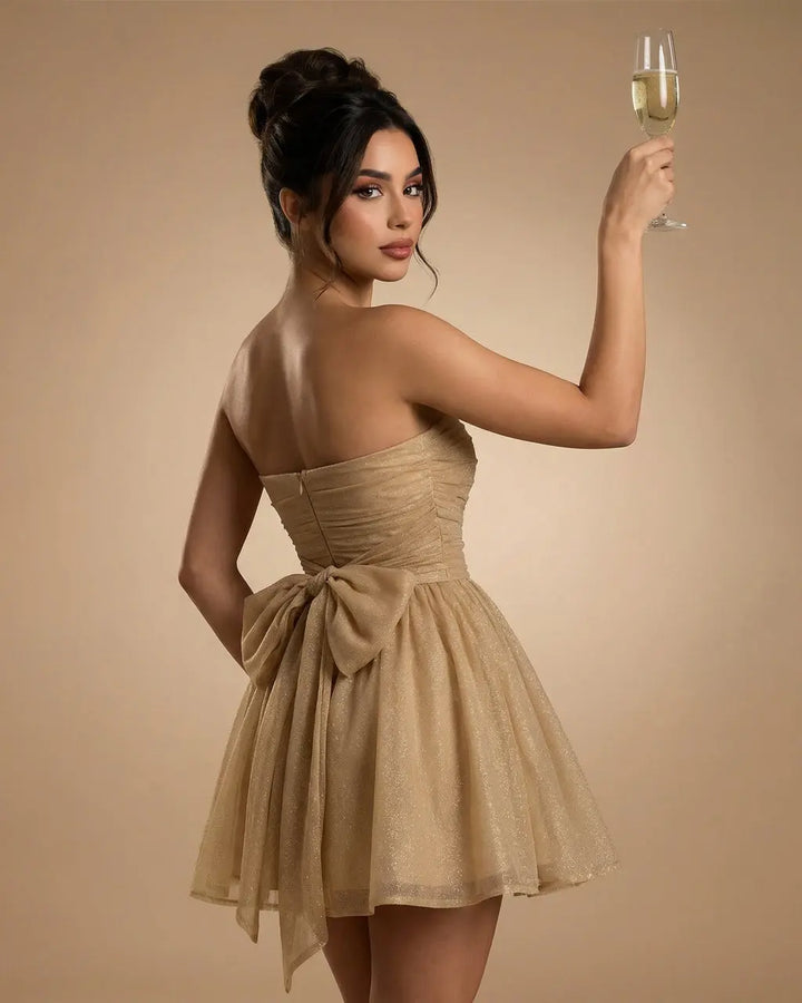 Khaki Strapless Ruched Glitter Tulle Fit Mini Dress SOLACE