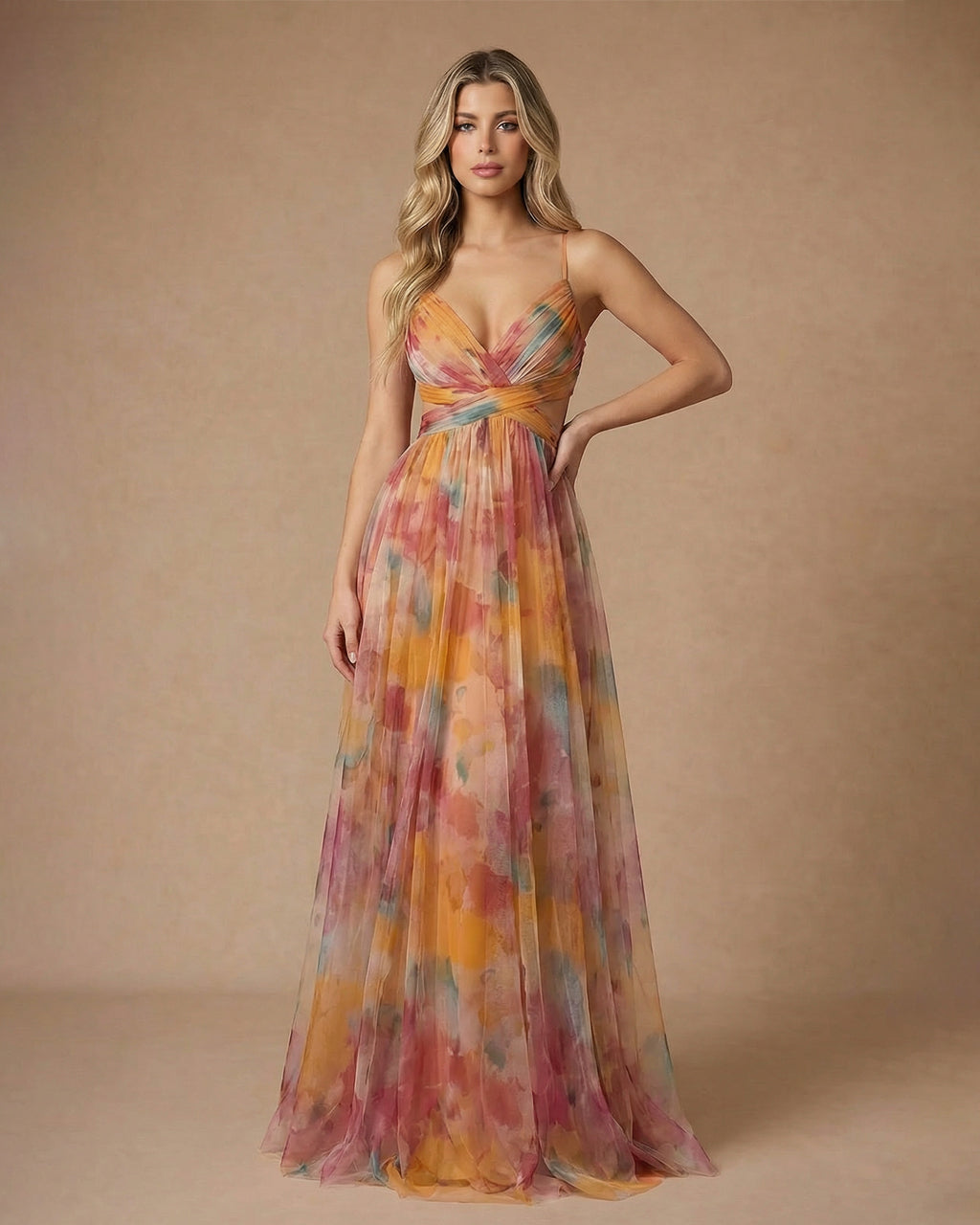 Watercolor Print Spaghetti Strap Cutout Tulle Maxi Dress SOLACE