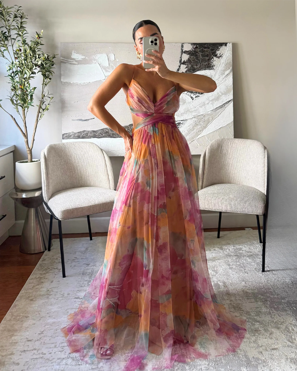 Watercolor Print Spaghetti Strap Cutout Tulle Maxi Dress SOLACE