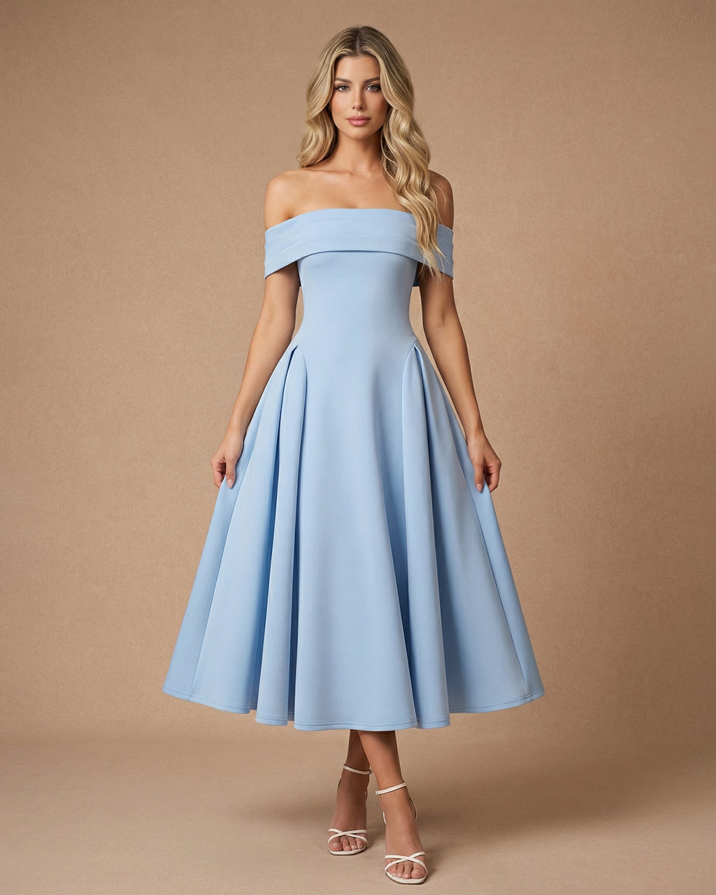 Blue Off-the-Shoulder A-Line Fit Midi Dress SOLACE
