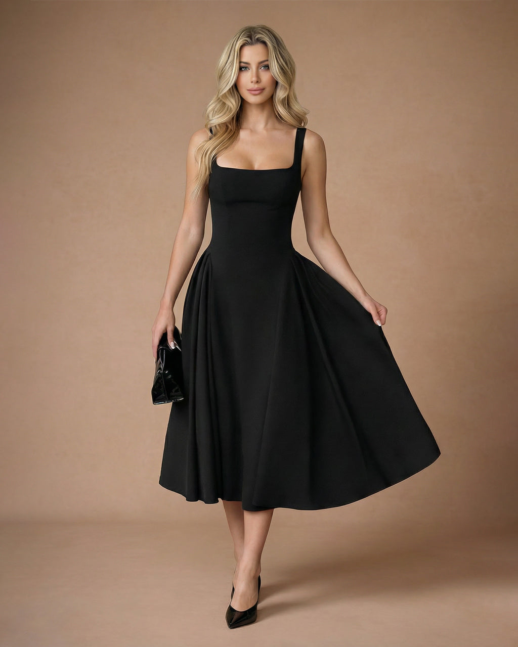 Black Square Neck Sleeveless A-Line Midi Dress SOLACE