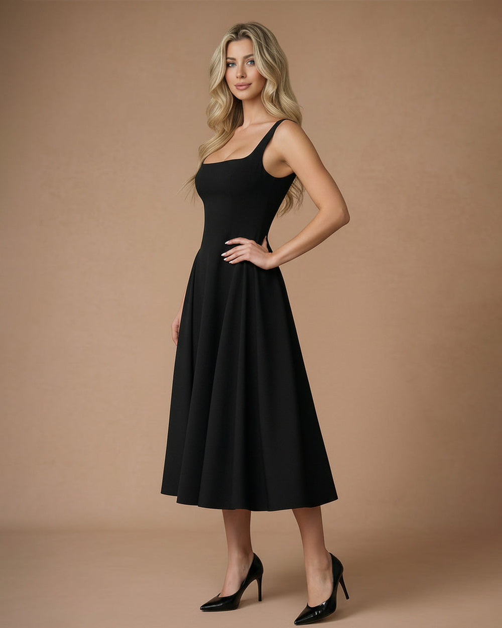 Black Square Neck Sleeveless A-Line Midi Dress SOLACE