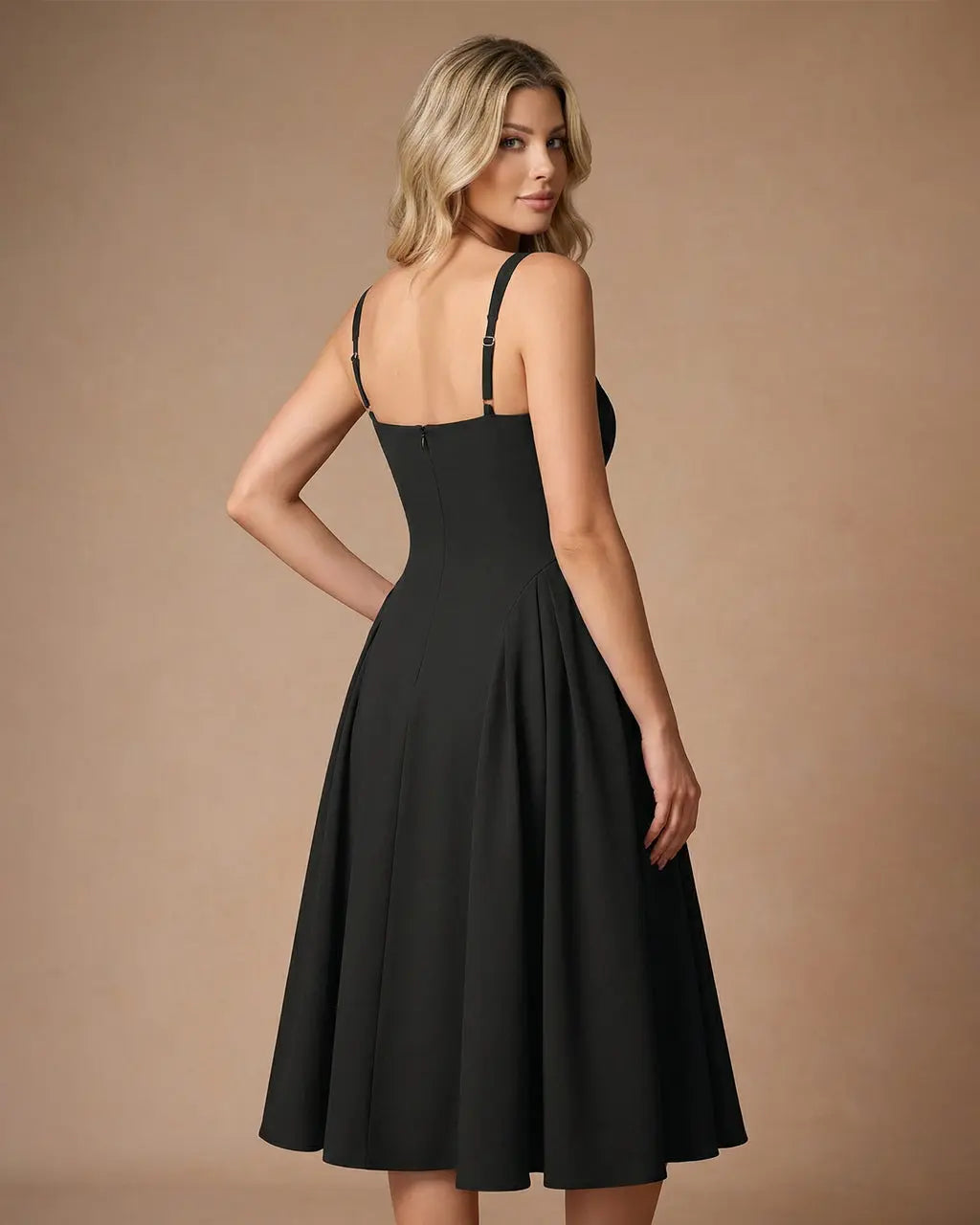 Black Square Neck Sleeveless A-Line Midi Dress SOLACE