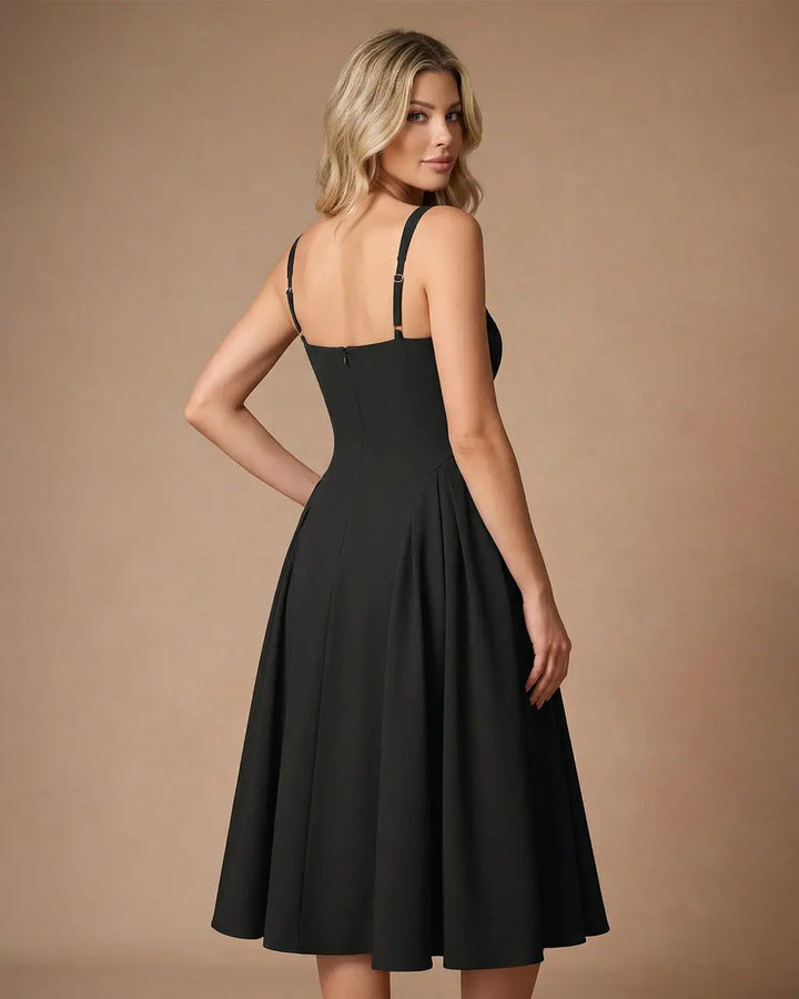 Black Square Neck Sleeveless A-Line Midi Dress SOLACE