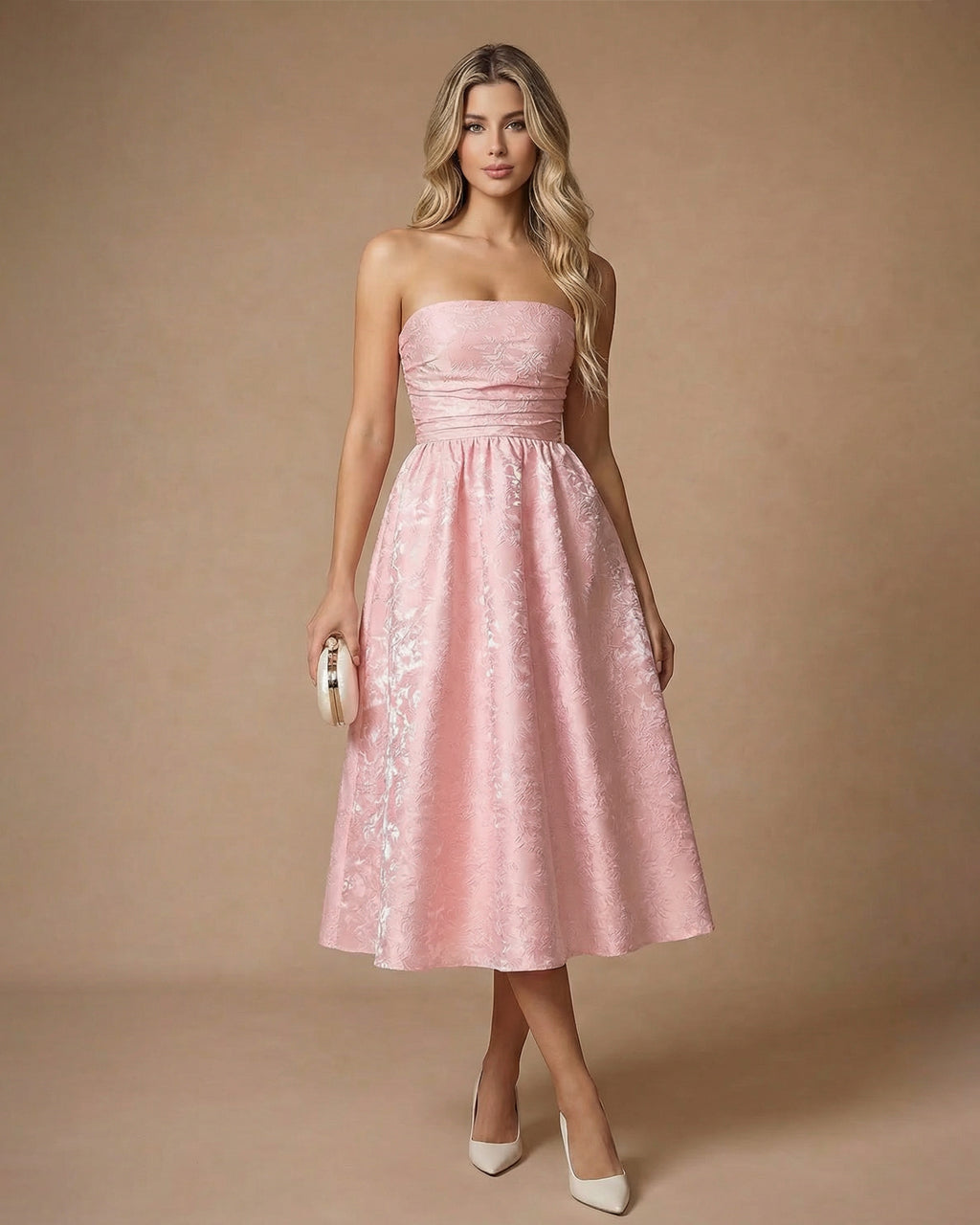 Pink Strapless Floral Jacquard A-Line Midi Dress SOLACE