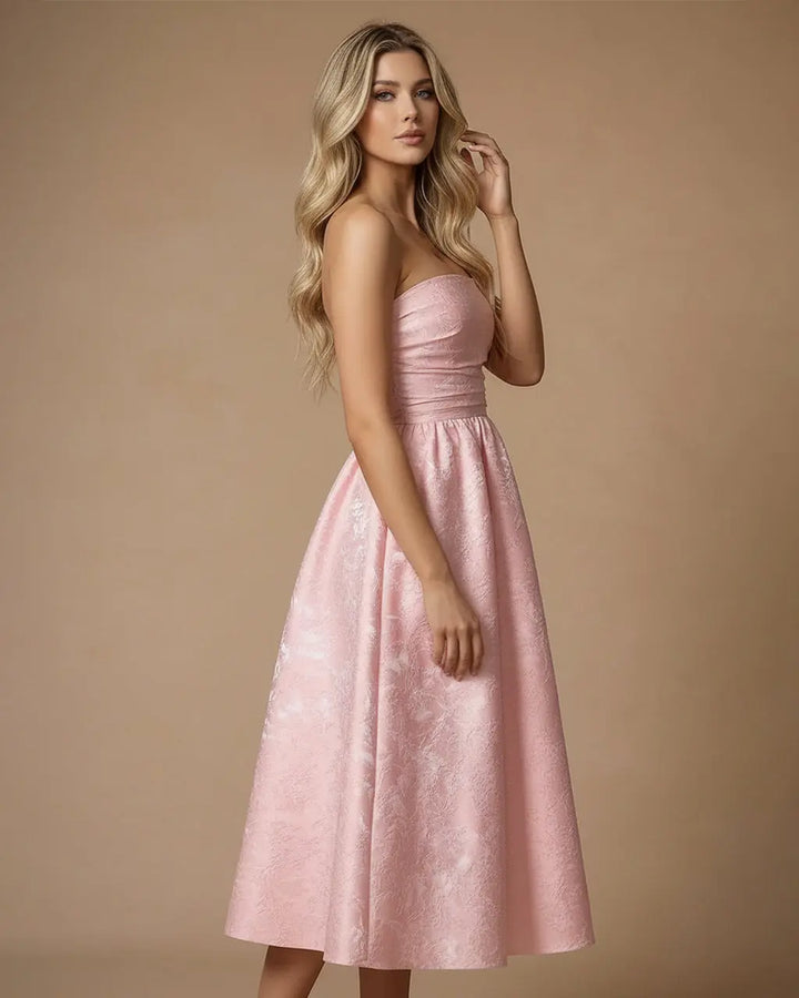 Pink Strapless Floral Jacquard A-Line Midi Dress SOLACE