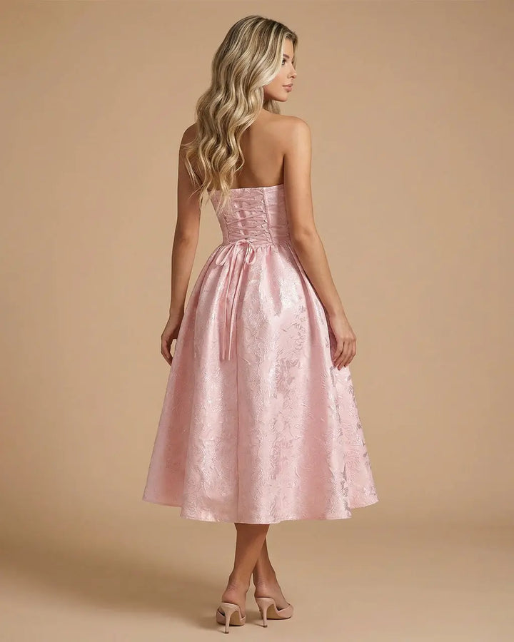 Pink Strapless Floral Jacquard A-Line Midi Dress SOLACE