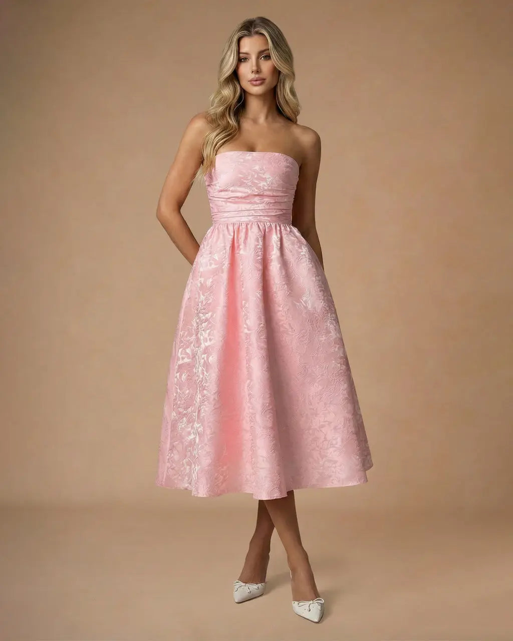 Pink Strapless Floral Jacquard A-Line Midi Dress SOLACE