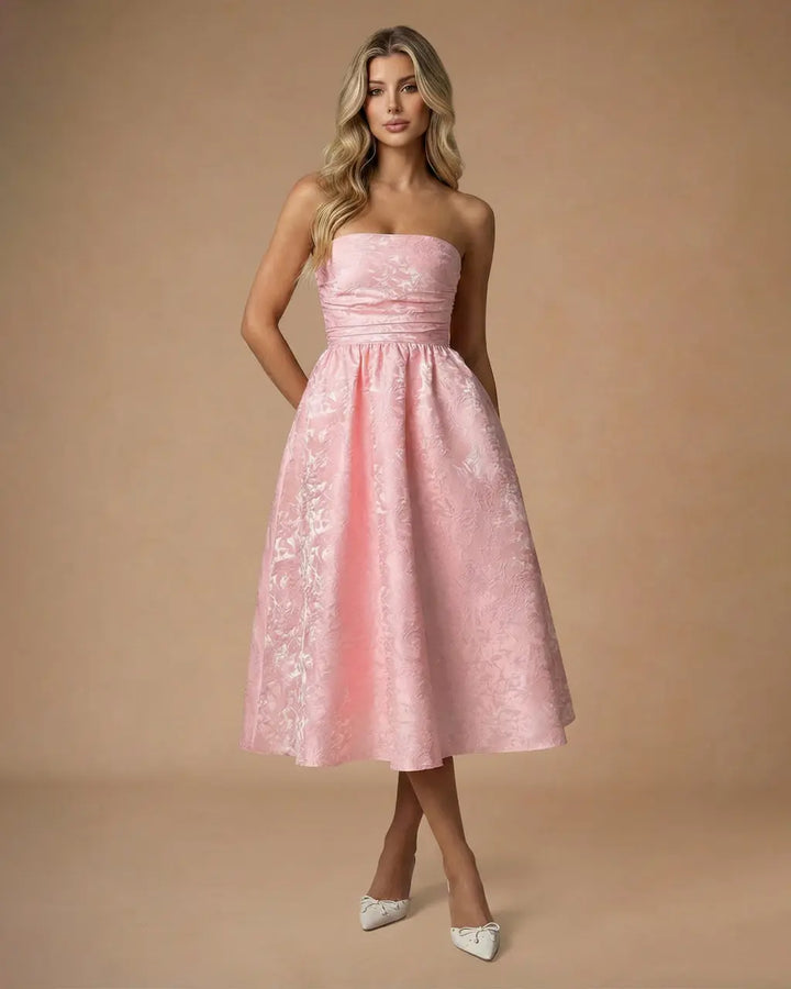 Pink Strapless Floral Jacquard A-Line Midi Dress SOLACE