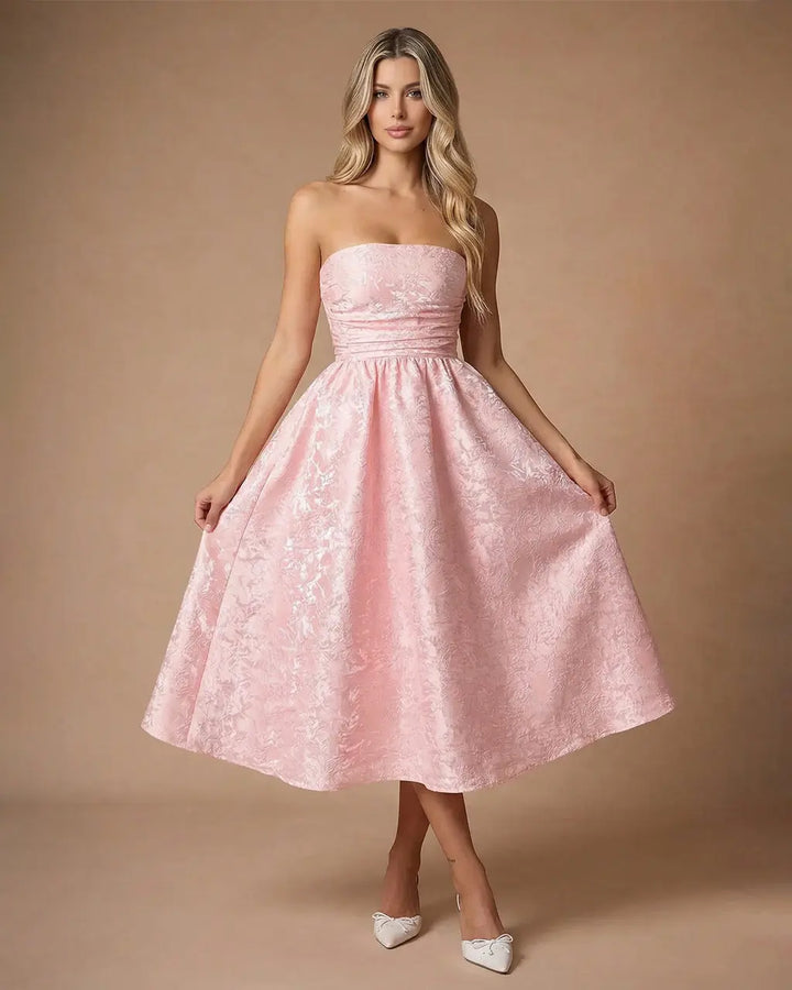 Pink Strapless Floral Jacquard A-Line Midi Dress SOLACE