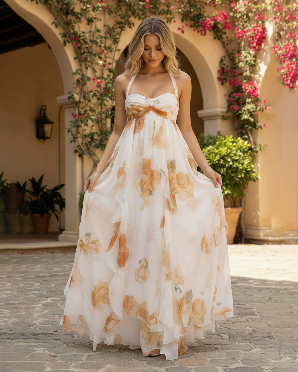 SOLACE  Halter Backless Floral Print Ruffle Maxi Dress 