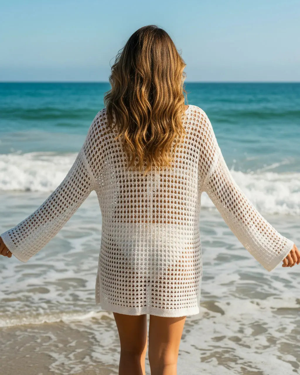 White Open-Knit Crochet Beach Cover Up Tunic SOLACE