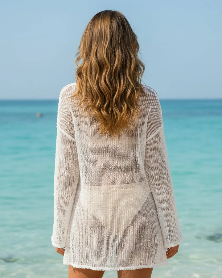 White Textured Dotted Open-Knit Side Fork Mini Cover Up Tunic SOLACE
