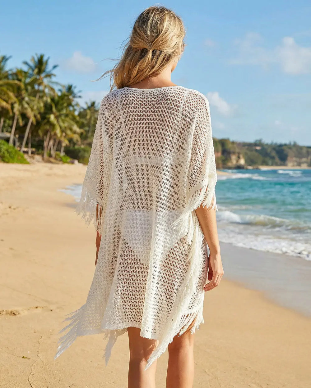 SOLACE  White Crochet Knit Fringed Poncho Beach Cover Up 