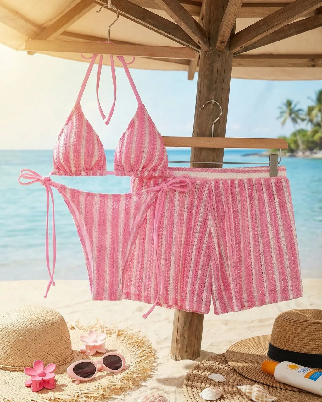 Pink Striped Crochet Triangle Bikini Set With Cover Up Shorts SOLACE