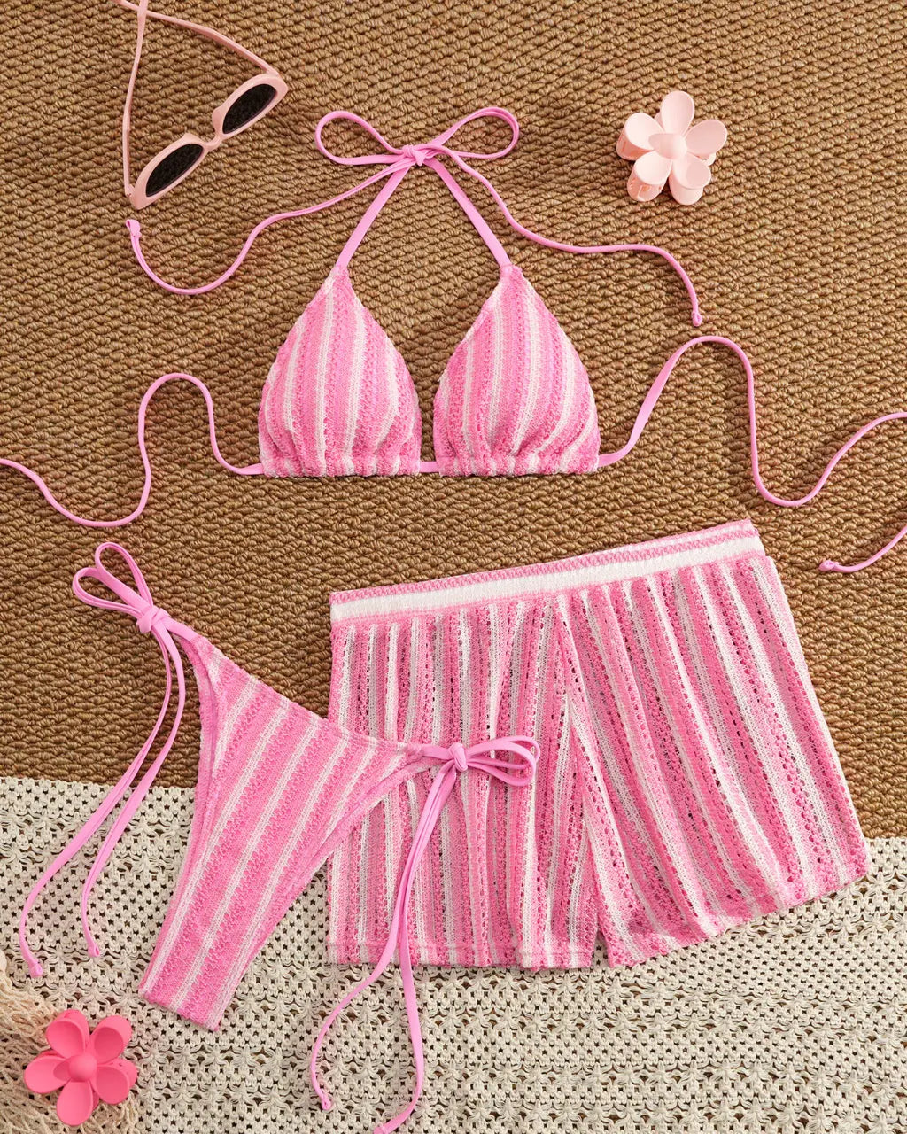Pink Striped Crochet Triangle Bikini Set With Cover Up Shorts SOLACE