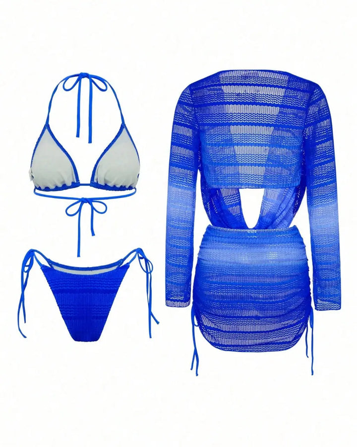 Blue Gradient Wave Bikini Set With Cowl Neck Cover Up SOLACE