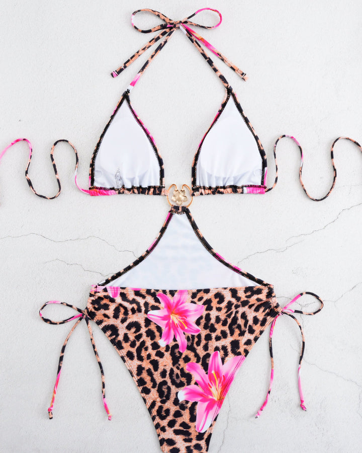 Leopard And Pink Cutout One-Piece Swimsuit With Gold Ring SOLACE